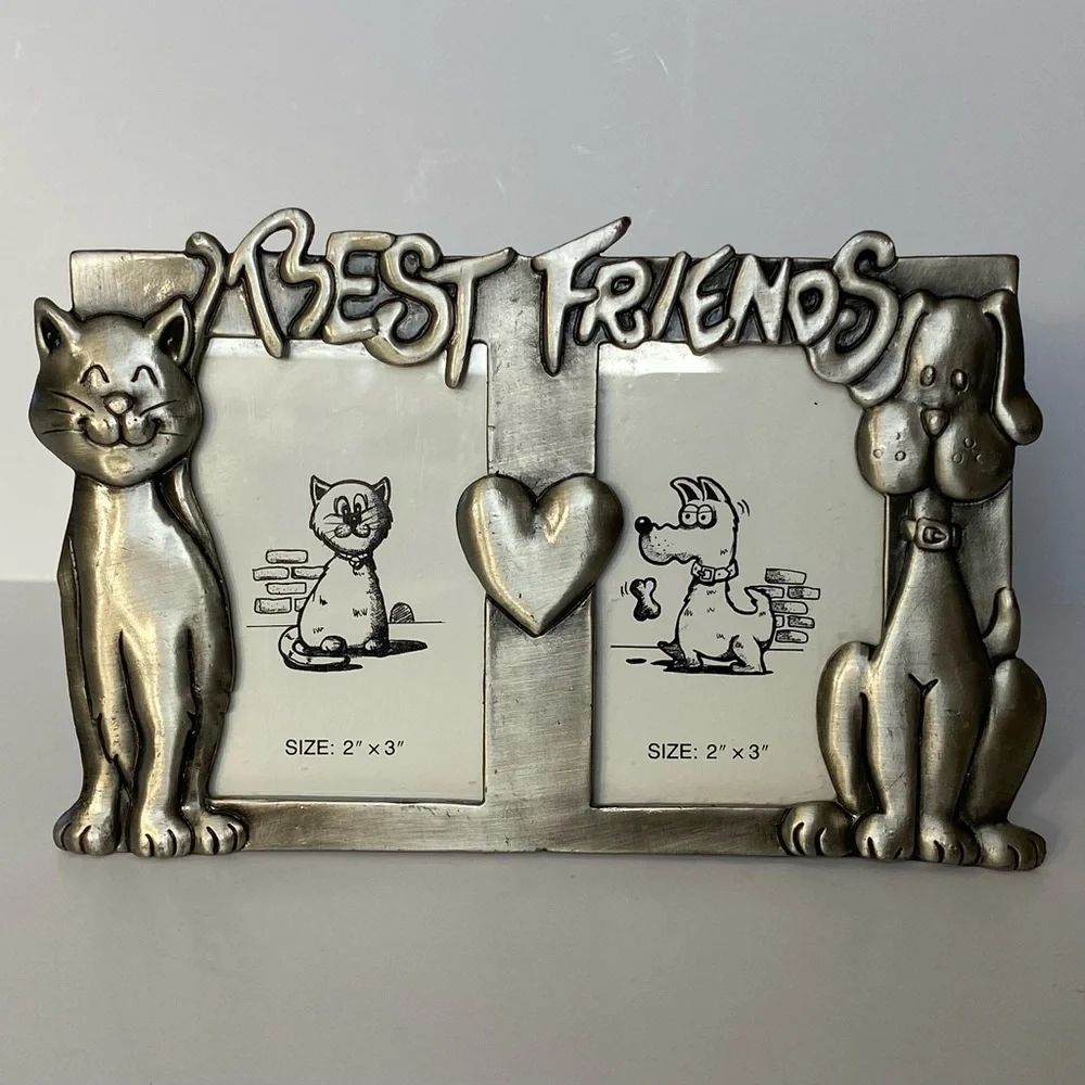 Cat & Dog Pewter Picture Frame 2 X 3” 2 Photos Best Friends Alex’s Outlook Pets